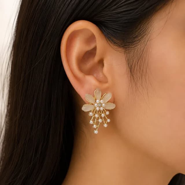 White Flower Leaf Earrings